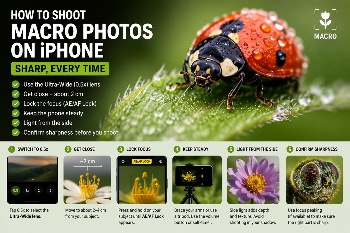 Infographic showing six steps for sharp iPhone macro photos: use the Ultra-Wide 0.5x lens, get about 2 cm close, lock focus with AE/AF Lock, keep the phone steady, light from the side, and confirm sharpness