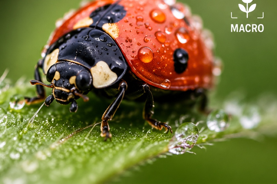 Close-up macro photograph of a ladybug covered in dew drops resting on a green leaf