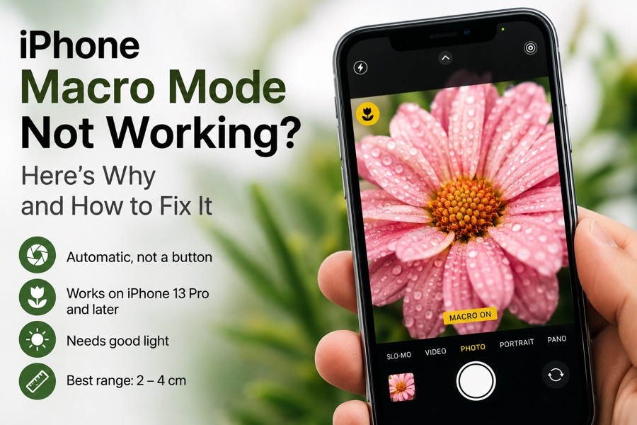 iPhone camera showing a pink flower with the macro flower icon on, beside the headline iPhone Macro Mode Not Working